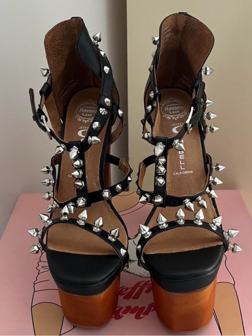 Jeffrey Campbell Black Leather Platform Sandals with Silver Spikes